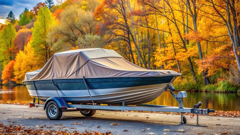 Small Recreational Boat Covered By Tarp On Trailer In Autumn