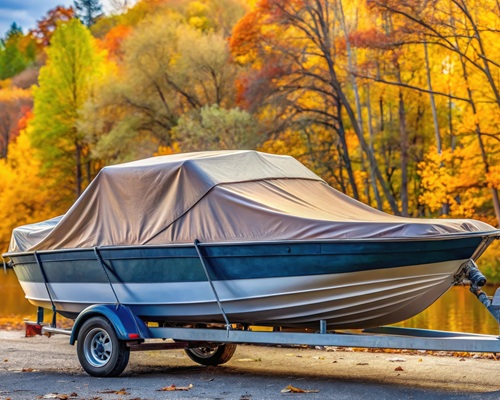 Small Recreational Boat Covered By Tarp On Trailer In Autumn