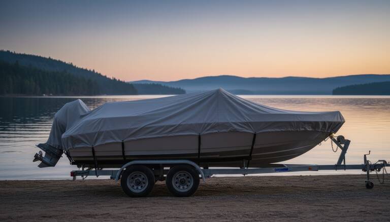 Motorboat Covered With Protective Grey Tarp On Trailer Parked On Sandy Shore Of Calm Mountain Lake At Evening Dusk